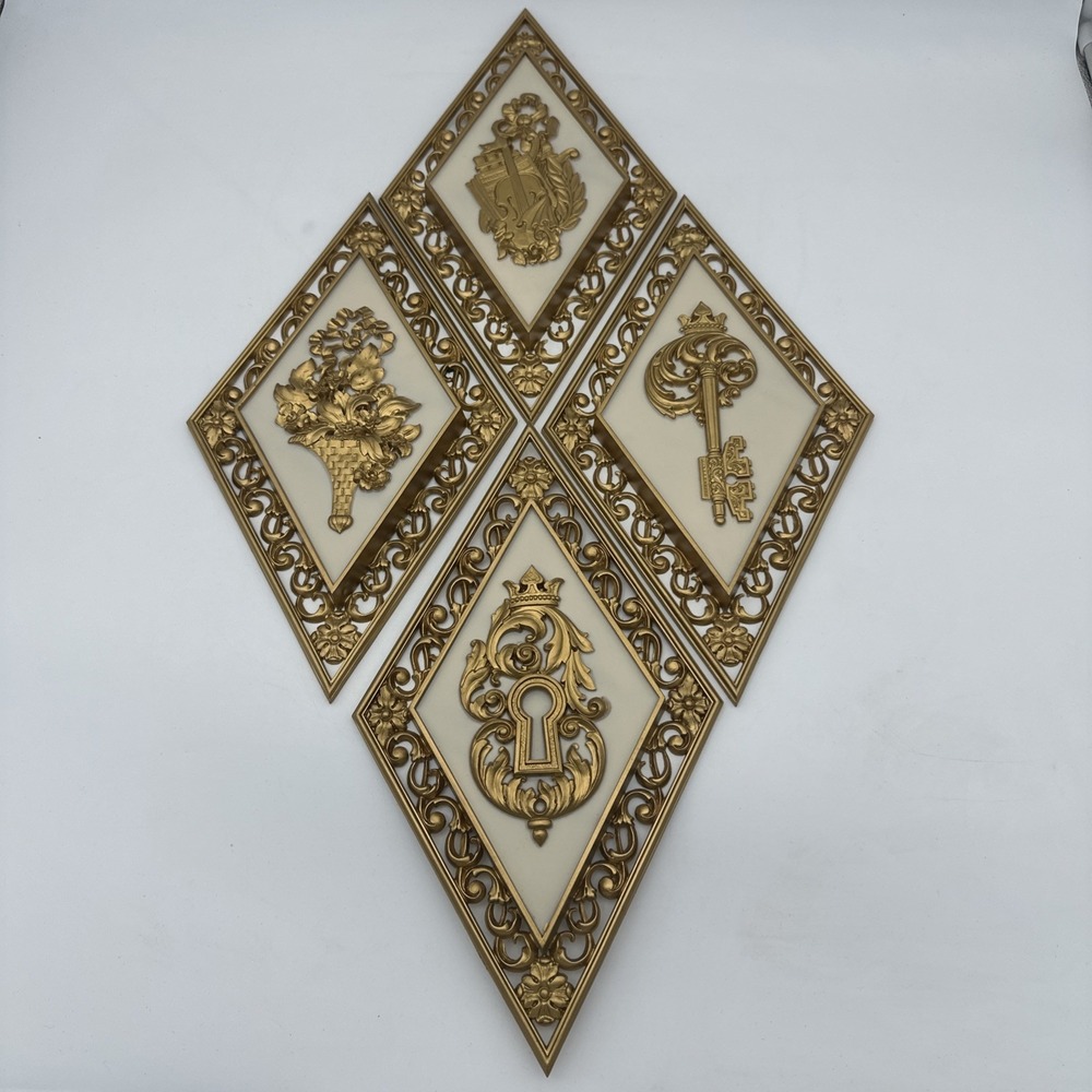 Vintage 4 Syroco Diamond Wall Hangings Plaques Hollywood Regency MCM